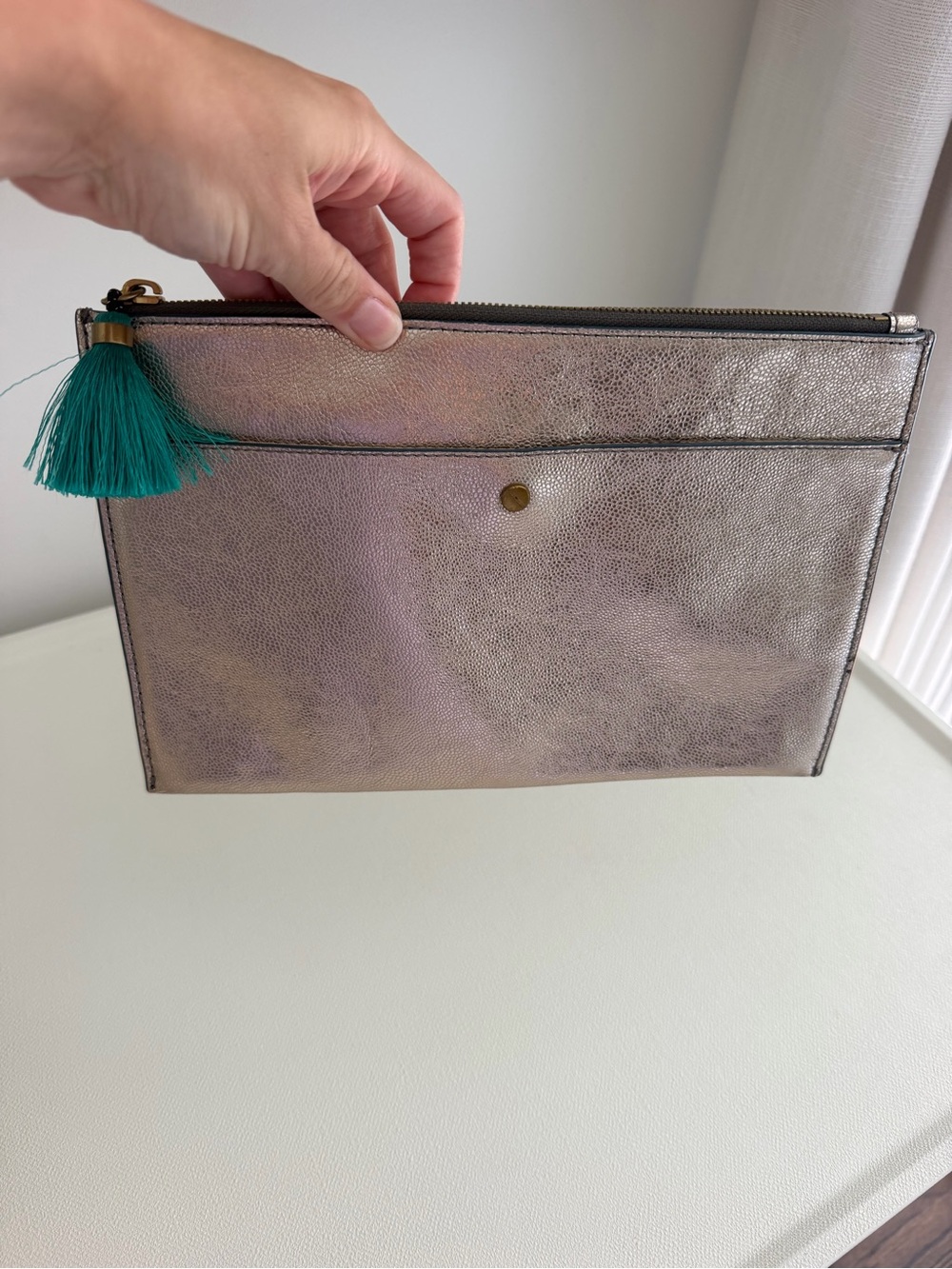 Metallic Rose Gold Envelope Clutch with Teal Tassel